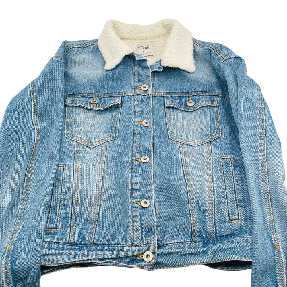 Love Tree Denim Sherpa Lined Trucker Jacket‎ Light Wash Blue Womens Small Retro
